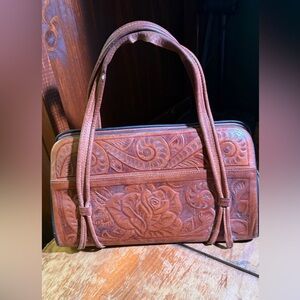 Vintage 60s Brown tooled Mexican Gaitán brown embossed Leather Handbag, as is